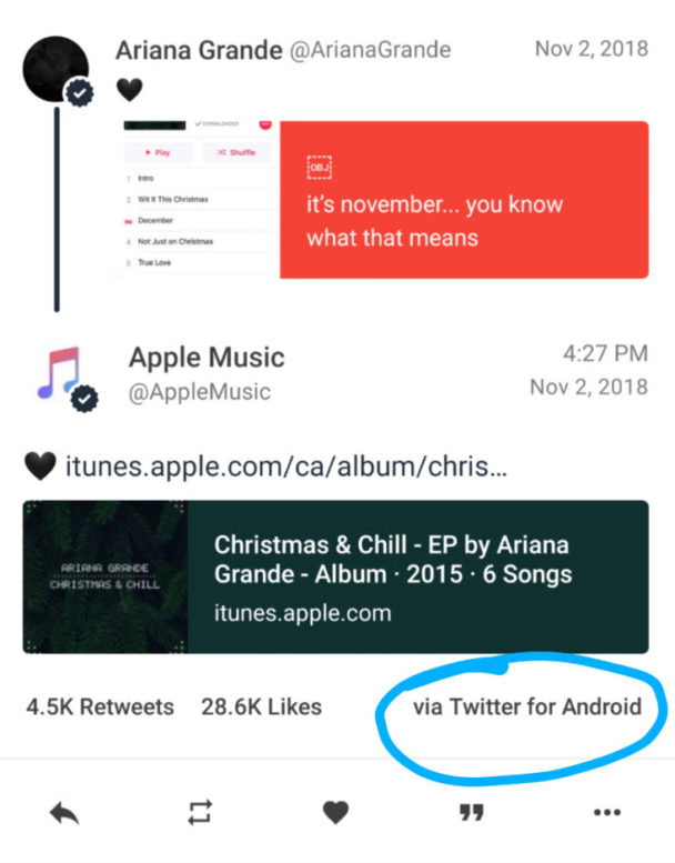 บัญชี Apple Music ใน Twitter ใช้อุปกรณ์ Android ในการโพสต์ข้อความ